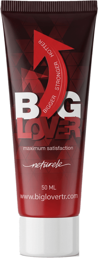 Подхранващ крем за мъже BIG LOVER, туба 50 мл; тъмночервена опаковка, бяла капачка, надпис „Bigger · Stronger · Hotter“.